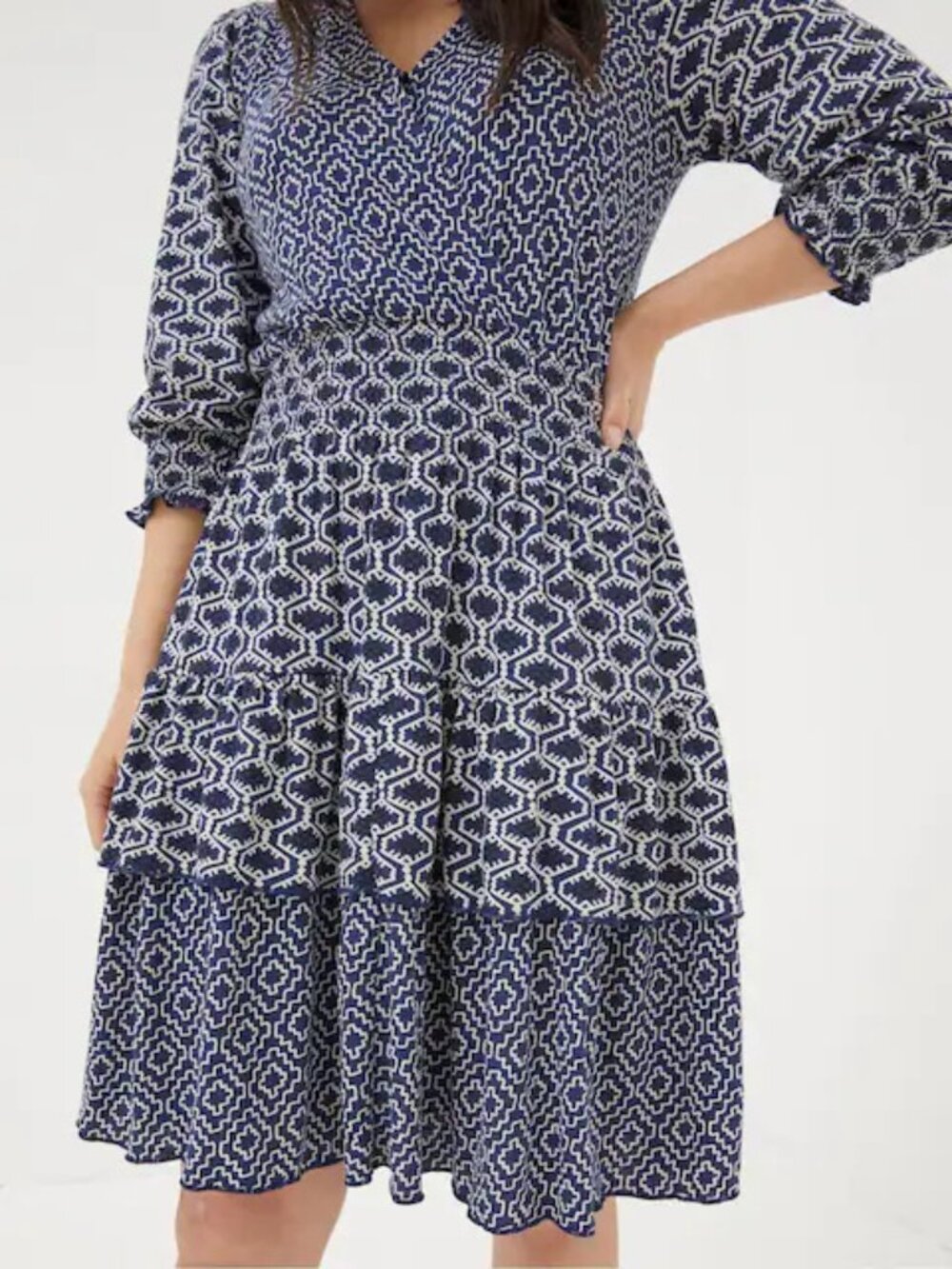 Fatface US 8 Amba Patchwork Geo Jersey Dress Blue Faux Wrap Fat Face